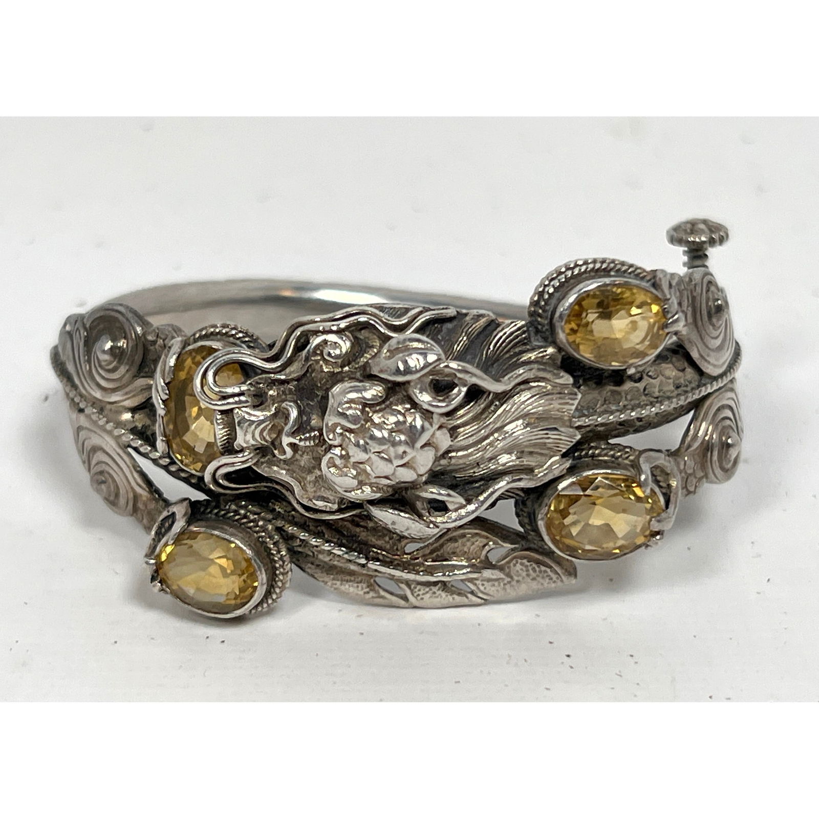 Sterling Silver Ornate Hinged Cuff Bracelet. Full Dragon grasps large faceted citrines in claws. (1 of 10)