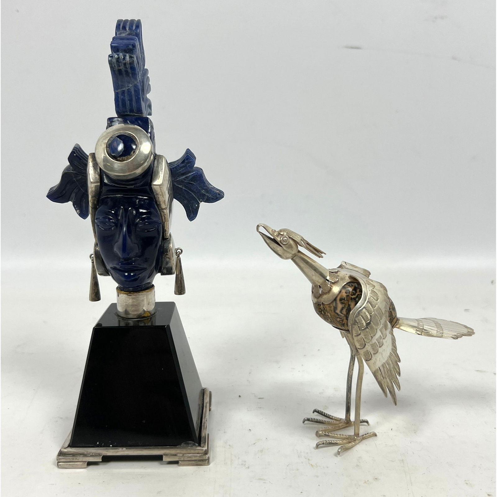 2pc Mexican Sterling, Stone Figural Sculptures. 1) GILES Taxco Carved Sodalite Warrior Bust with Ste (1 of 14)