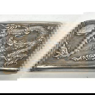 Chinese Sterling Cigarette Case Decorated with Dragons.: Chinese Sterling Cigarette Case Decorated with Dragons. Dimensions: Height: 3 inches, Width: 4.25 inches, Depth: .25 inches. Weight: 3.76 Troy ozs. --- US Packing and Shipping charge: In house shippin