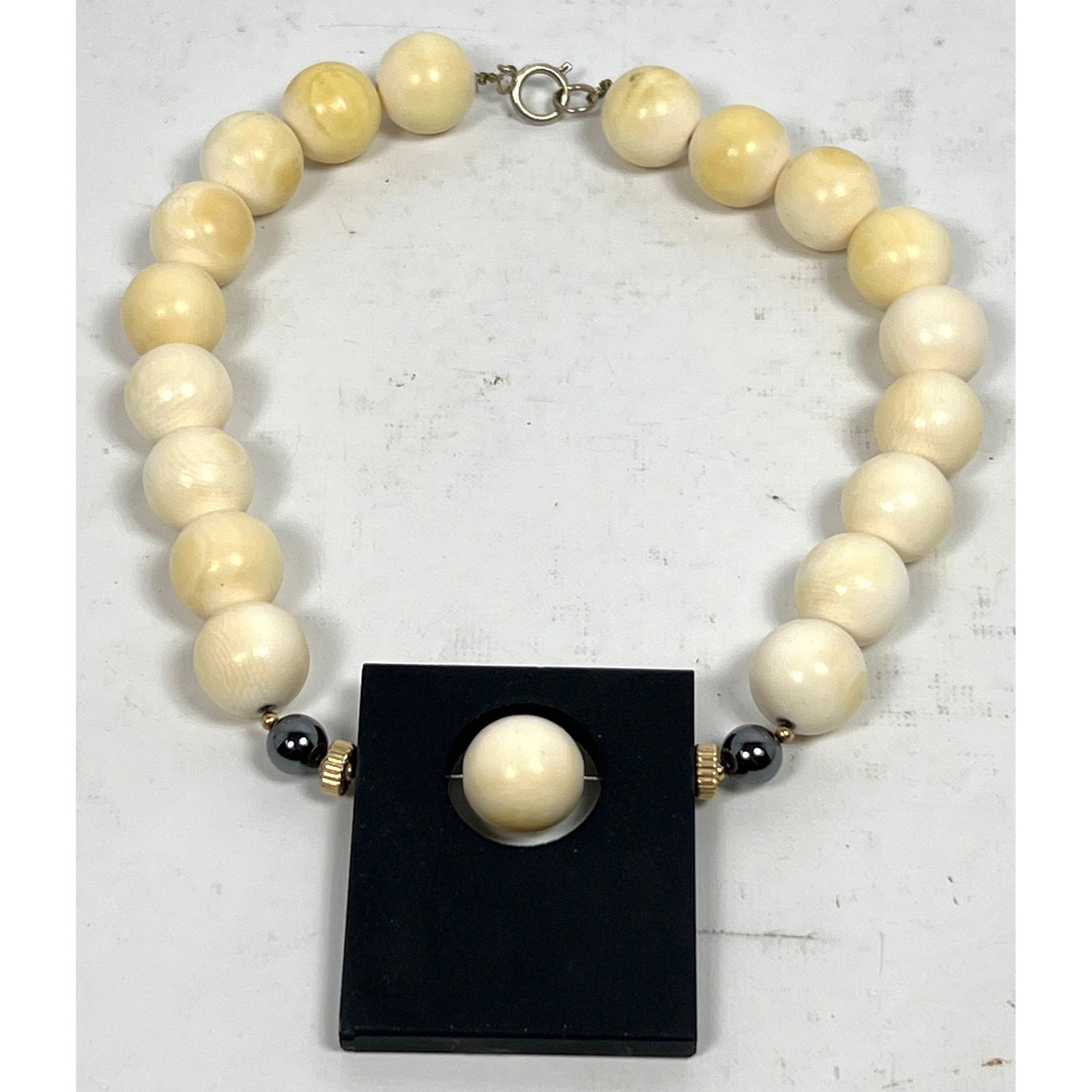 Ivory Bead Necklace with Rectangular Black Pendant. (1 of 9)