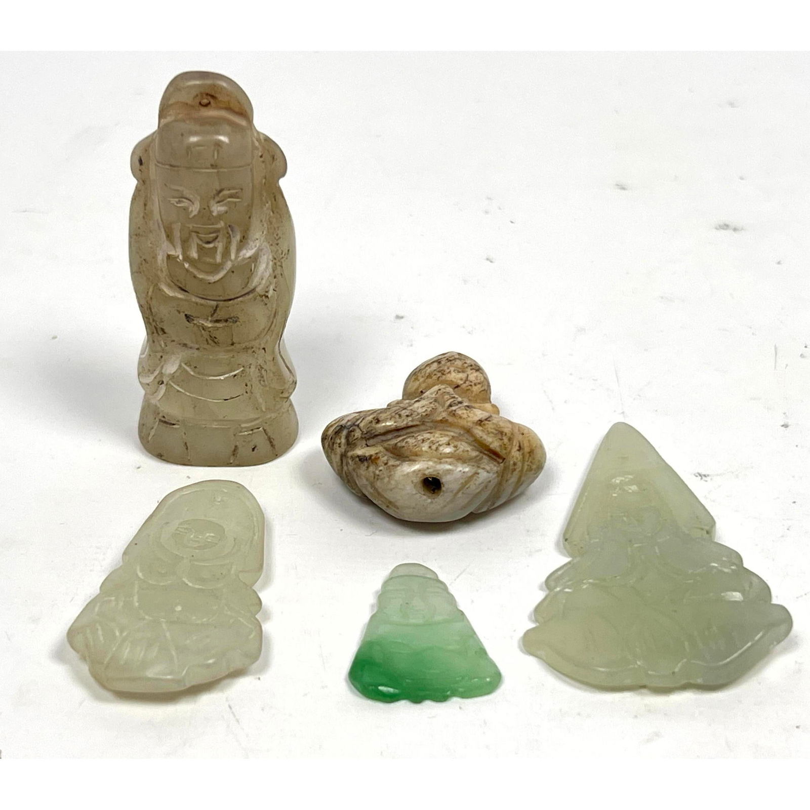 5pc Asian Carved Stone Pieces. Figural carving of man Pendant. Other carved stone pieces; some with (1 of 15)