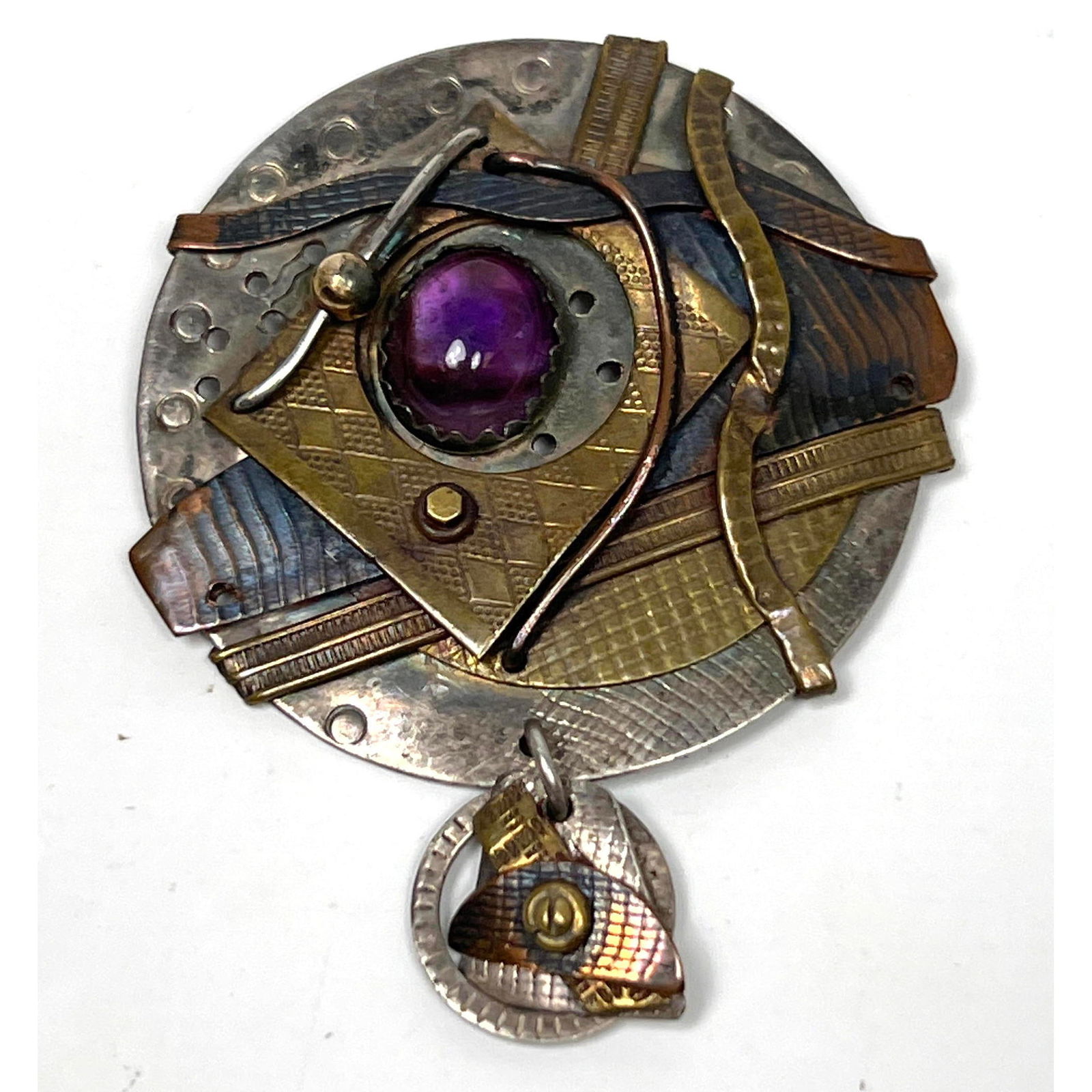 Studio Hand Made Mixed Metal, Amethyst Pin Brooch Signed ROCHELLE ???? (1 of 8)