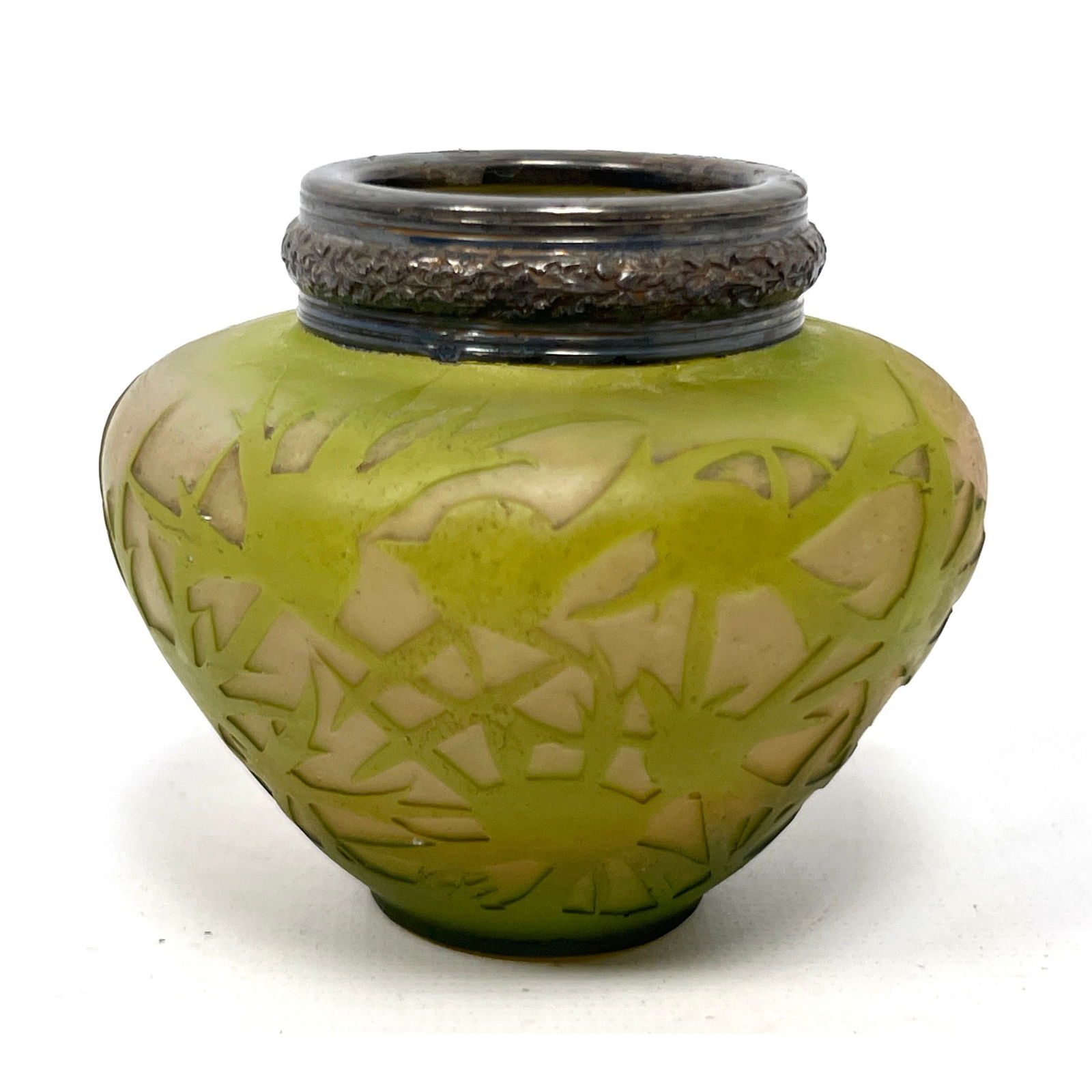 EMILE GALLE French Cameo Glass Miniature Cabinet Vase. Sterling Silver Rim. Thistle motif. Signed. S (1 of 11)