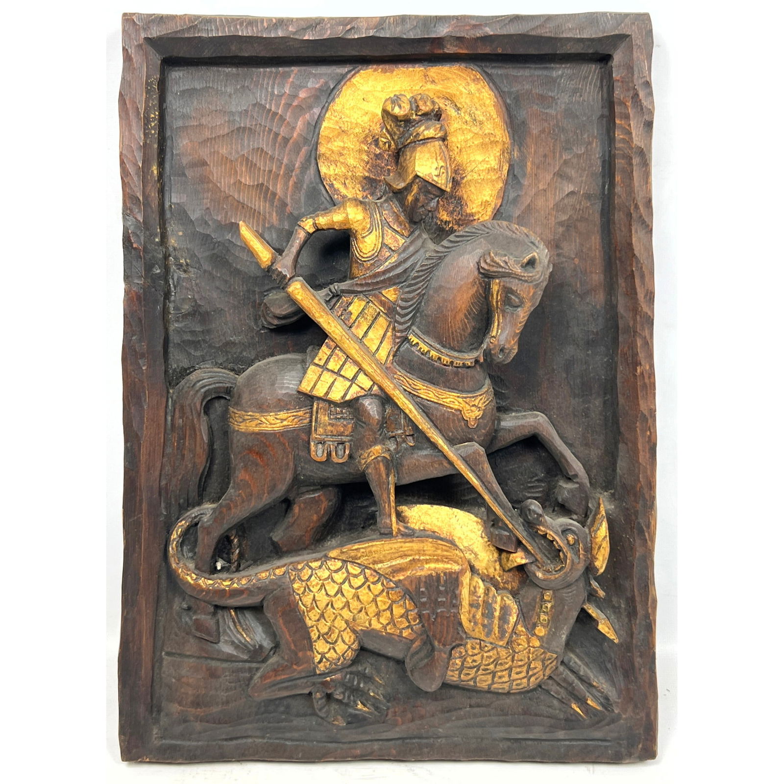Polychrome Carved wood Panel of St George Slaying the Dragon. (1 of 8)