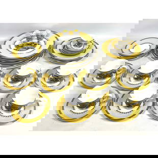 37pc VILLEROY and BOCH "Audun Ferme" Dishware. Porcelain. Yellow rims. Marked  Total Piece count: 37pc VILLEROY and BOCH "Audun Ferme" Dishware. Porcelain. Yellow rims. Marked Total Piece count: 37 - Material: Porcelain 7 - 3.25 inch Cups. 1 - 2.75 inch Cups. 6 - 5.25 inch Saucers. 11 - 7.25 inch