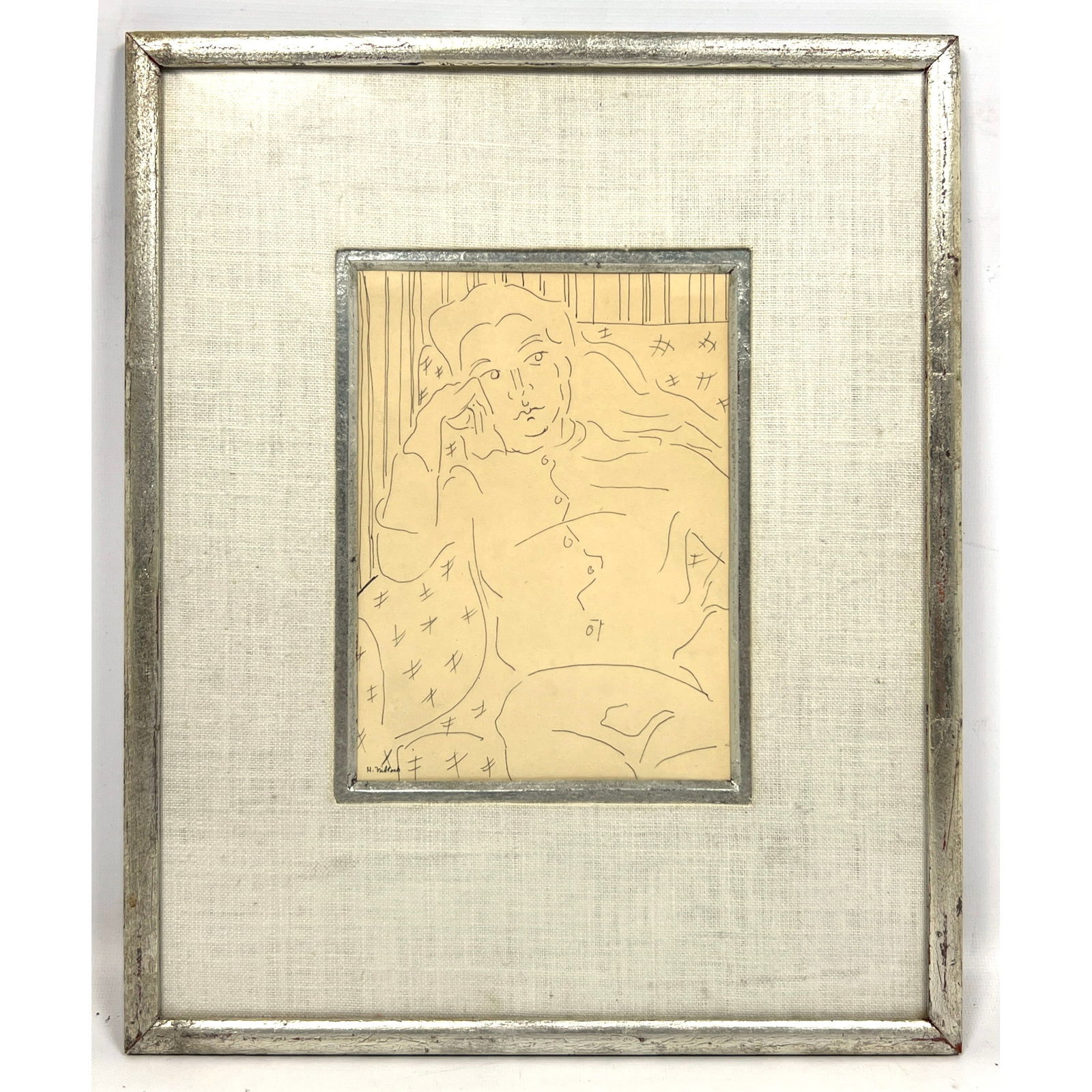 HARRY NIBLOCK Pen and Ink Line Drawing. Portrait. "Girl Slouching" Signed. Info on reverse. Phila ar (1 of 7)