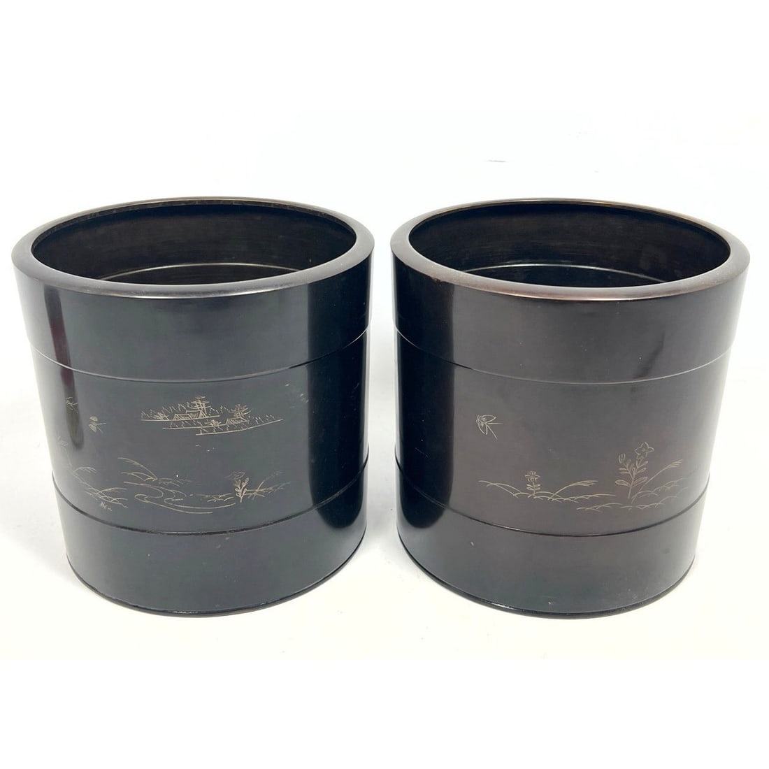2pc Asian Bronze Planter Pots. Landscape Scenes on each. (1 of 12)