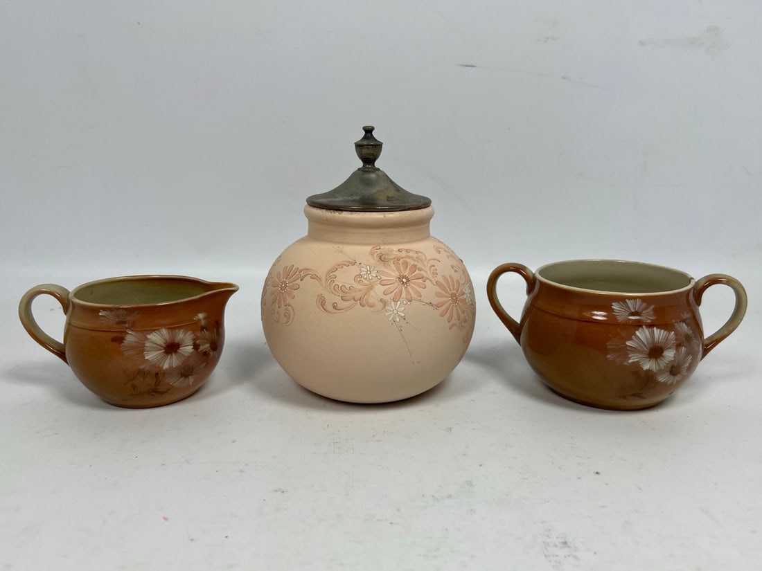 3pcs Early Rookwood. Creamer Sugar Harriet E Wilcox. Lidded Pot signed Albert R Valentine. (1 of 19)