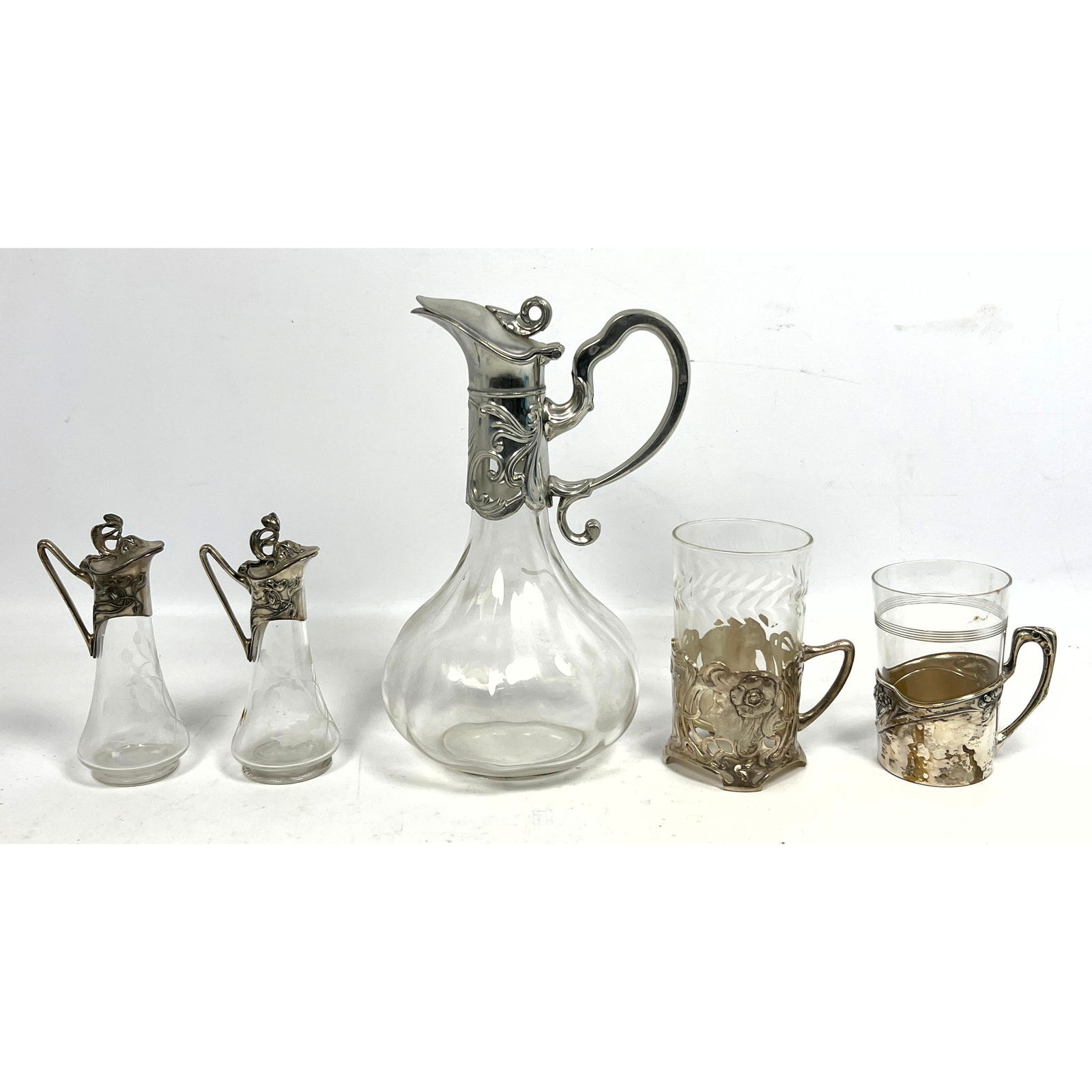 5pc Vintage Art Nouveau Tablewares. Pitcher, Cruets, Cups.  Silver plate and crystal. wmf. etc. (1 of 19)