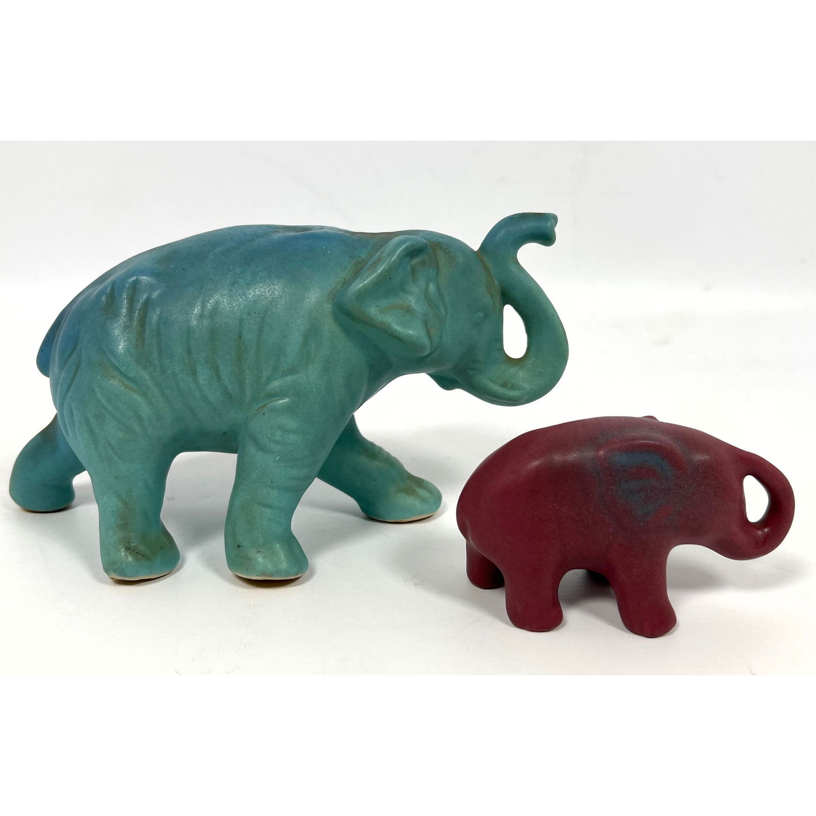 2pc Glazed Ceramic ARTUS VAN BRIGGLE Elephants. Two sizes. Trunks up. Each Marked. (1 of 15)