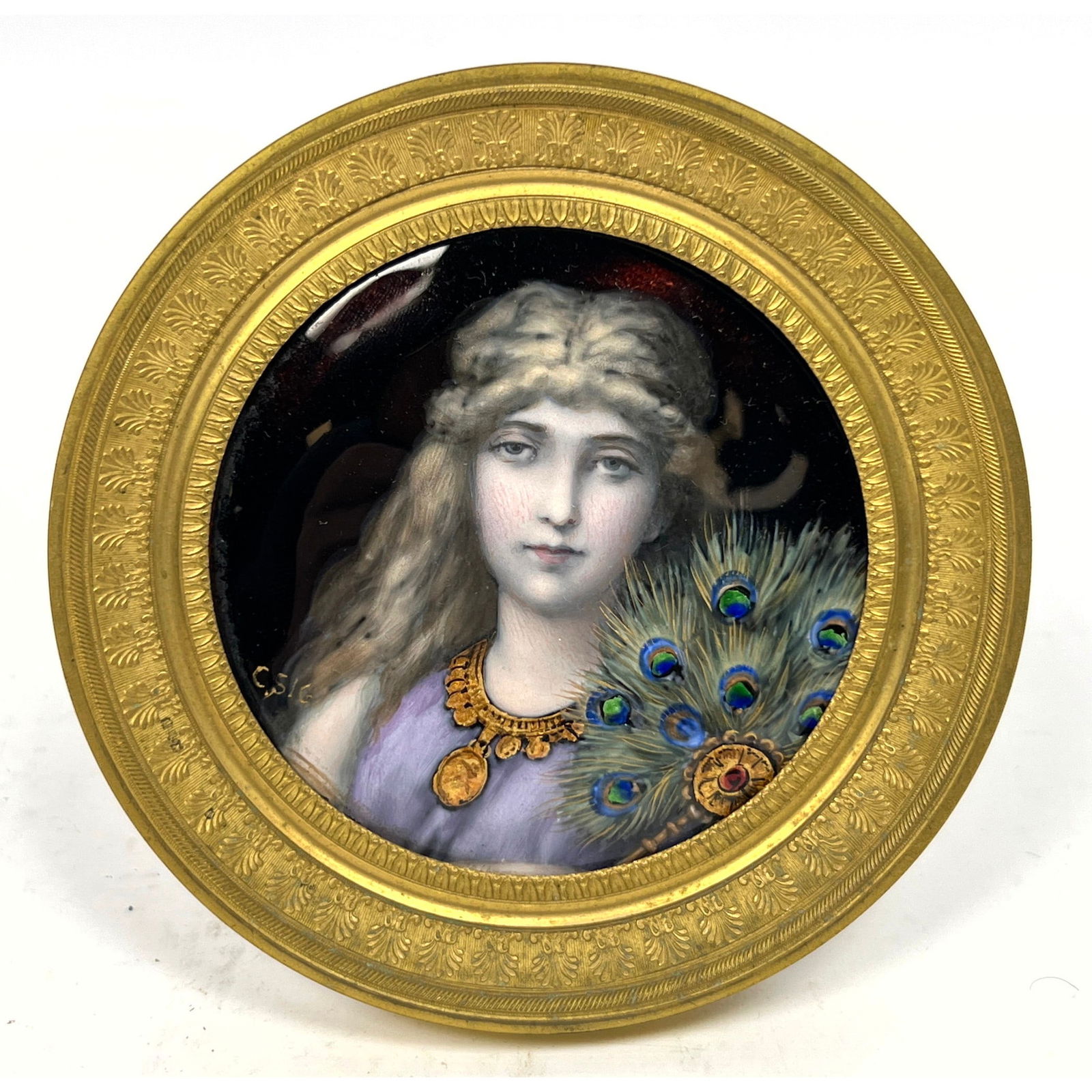 French Signed Enamel Woman Portrait Painting in Bronze Frame. Limoges. (1 of 15)