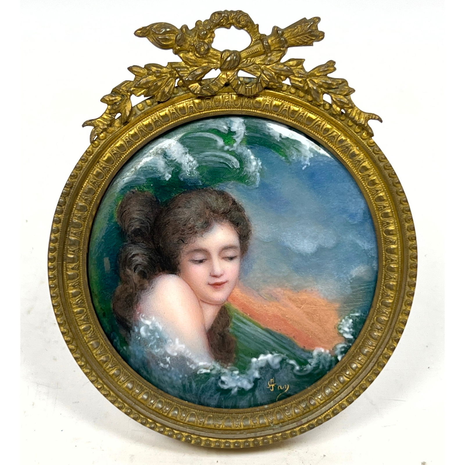 French Signed Enamel Portrait Painting in Bronze Frame. Limoges. (1 of 12)