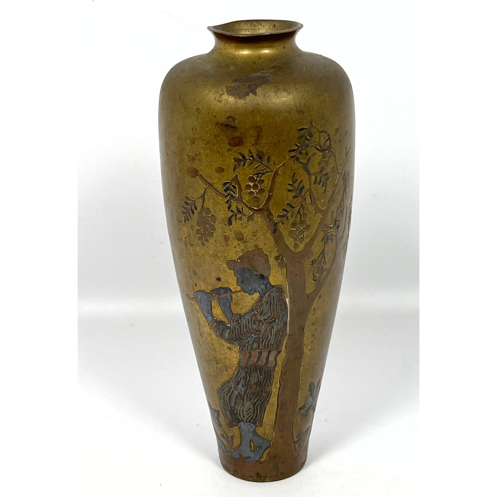 ALFRED SALZMANN Bezalel Mixed Metals 10" Vase. Figural Motif Man Playing Flute. Marked Jerusalem, Pa (1 of 12)