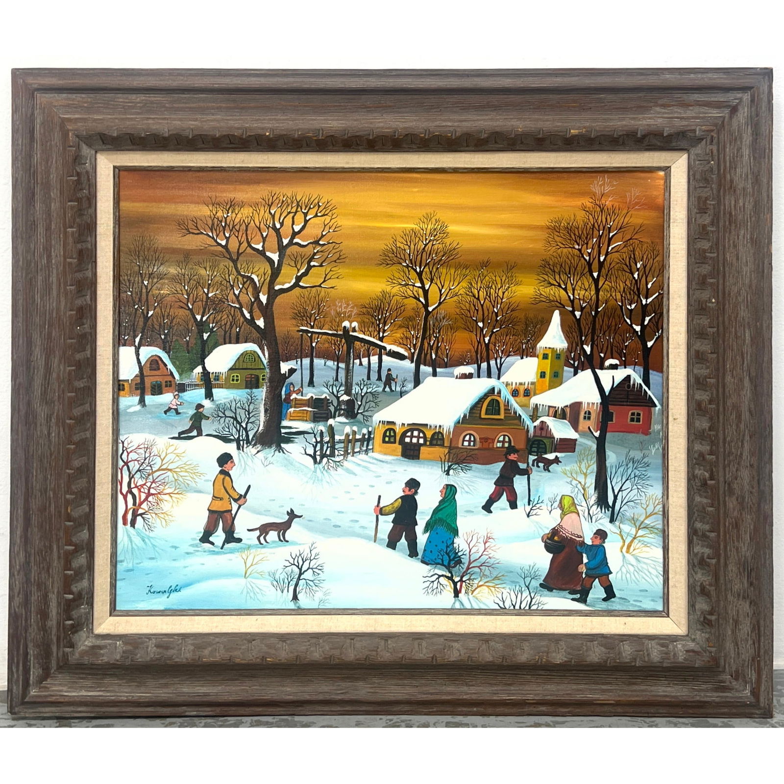 Kowalski Winter Folk Art Village Scene Oil Painting Signed (1 of 10)