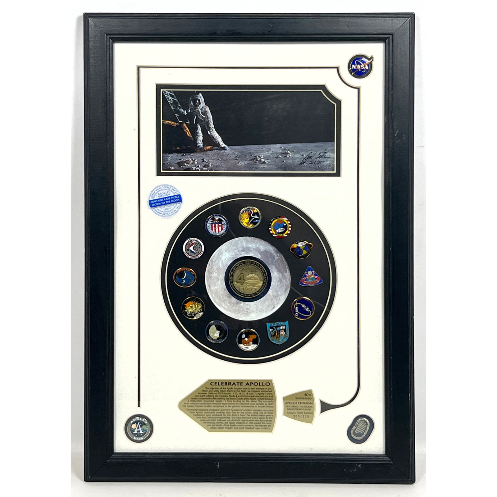 NASA commemorative Apollo Grouping plaque, including mission, Pins signed and numbered 203/250. Winc (1 of 14)