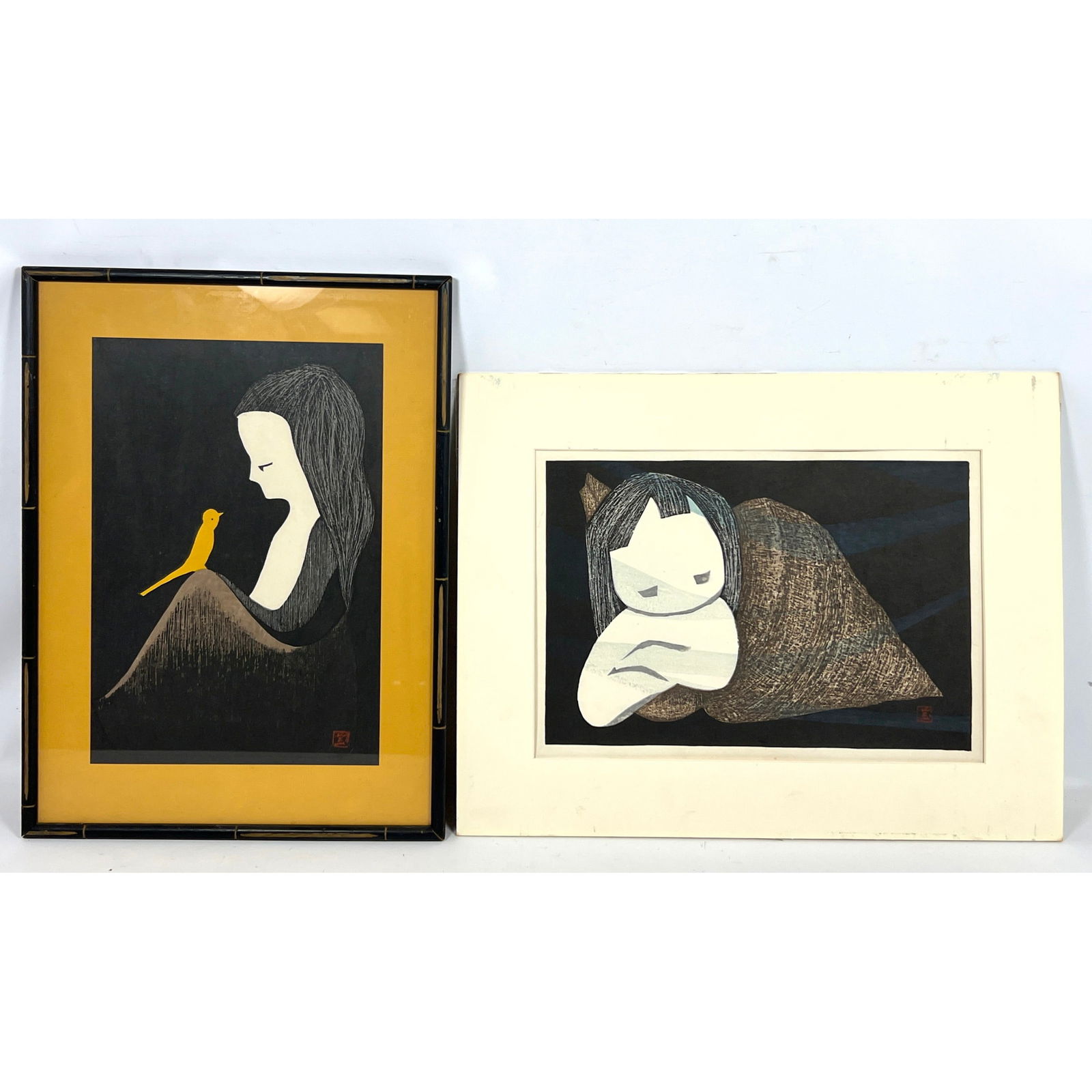 2pcs Kawano, Kaoru Japanese Woodblock Prints. Yellow Canary and Girl In A Shell.: 2pcs Kawano, Kaoru Japanese Woodblock Prints. Yellow Canary and Girl In A Shell. Dimensions: Frame Height: 20 inches, Frame Width: 14.75 inches. - Image Size: Image Height: 15 inches, Image Width: 10