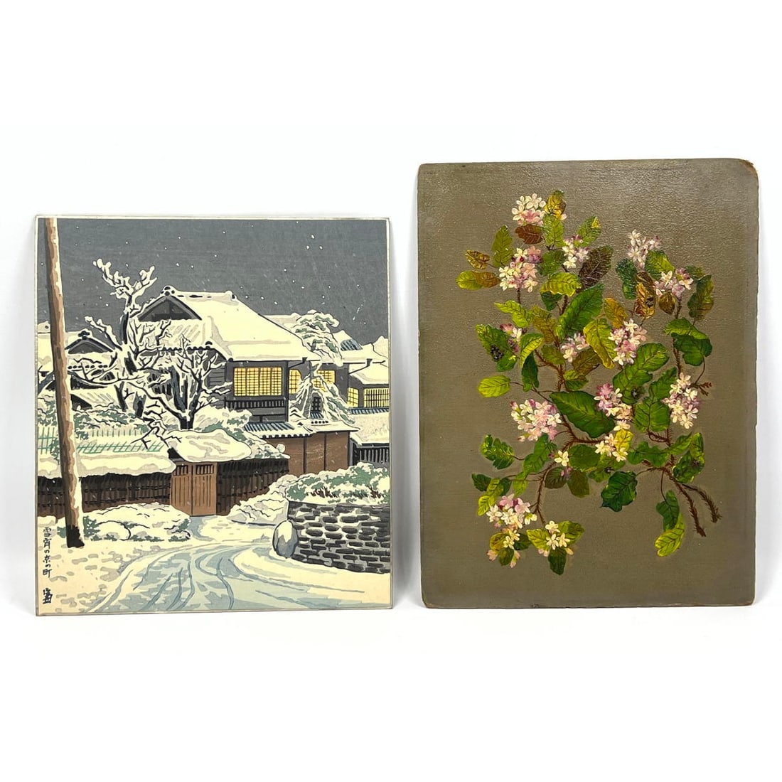 2pc Art. Signed Japanese Village Winter Snow Scene. 2) MASAO IDO Painting of Branches with leaves an (1 of 13)