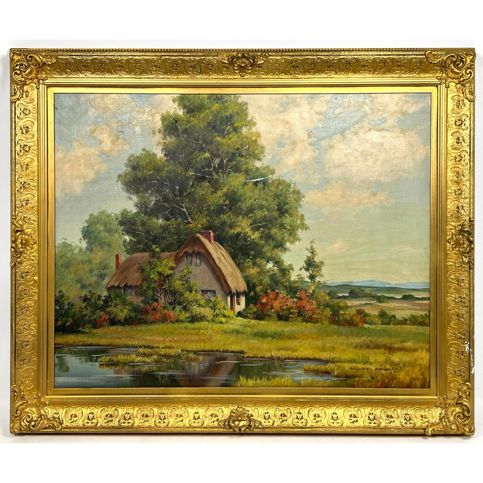 William Bradley Countryside Painting on Canvas.: William Bradley Countryside Painting on Canvas. Dimensions: Frame Height: 26 inches, Frame Width: 31.5 inches. - Image Size: Image Height: 19.5 inches, Image Width: 25.5 inches. --- - We offer curbsid