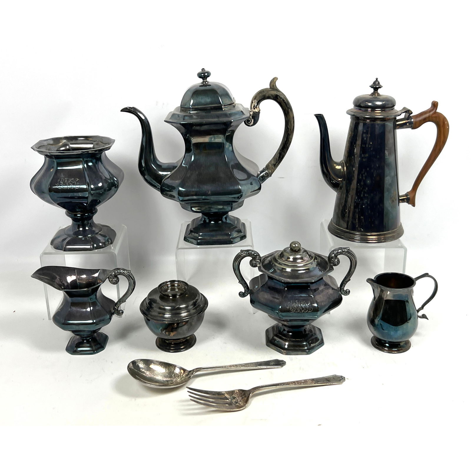 9pcs Silverplate.  James Dixon Tea set, Kittinger Williamsburg coffee pot, Stieff, (1 of 20)