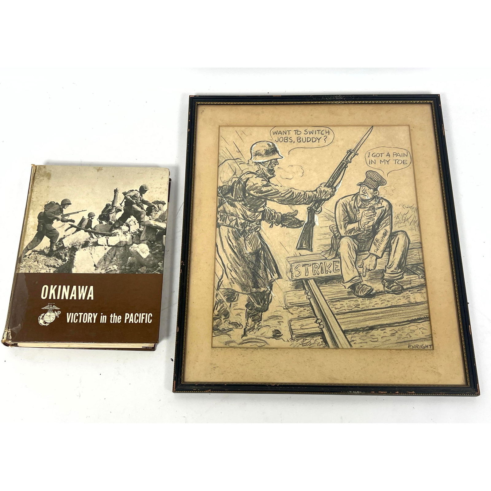 2pc Military Soldier Okinawa Ephemera. Pencil Drawing of Soldier and RR Switchman by ENRIGHT. "Okina (1 of 14)