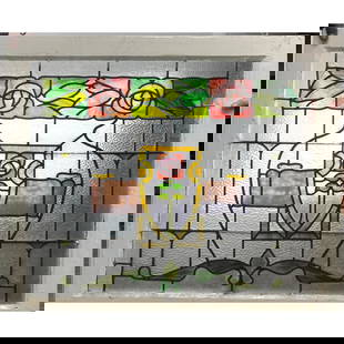 Antique Stained Leaded Glass Window. Arts and Crafts Mackintosh Style Roses.: Antique Stained Leaded Glass Window. Arts and Crafts Mackintosh Style Roses. Dimensions: Height: 32.5 inches, Width: 36.5 inches. --- - We offer curbside delivery for most items to NYC, Manhattan, Clo