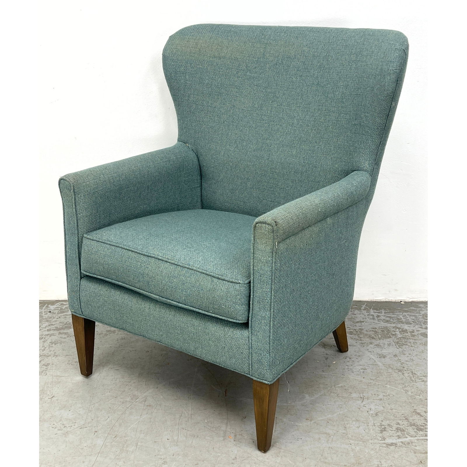 BASSETT Wide Flared Back Lounge Chair. Label.: BASSETT Wide Flared Back Lounge Chair. Label. Dimensions: Height: 41 inches, Width: 32.5 inches, Depth: 31 inches. - Seat Height: 19.5 inches --- - We offer curbside delivery for most items to NYC, Ma