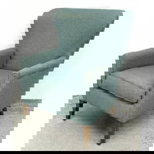 BASSETT Wide Flared Back Lounge Chair. Label.: BASSETT Wide Flared Back Lounge Chair. Label. Dimensions: Height: 41 inches, Width: 32.5 inches, Depth: 31 inches. - Seat Height: 19.5 inches --- - We offer curbside delivery for most items to NYC, Ma