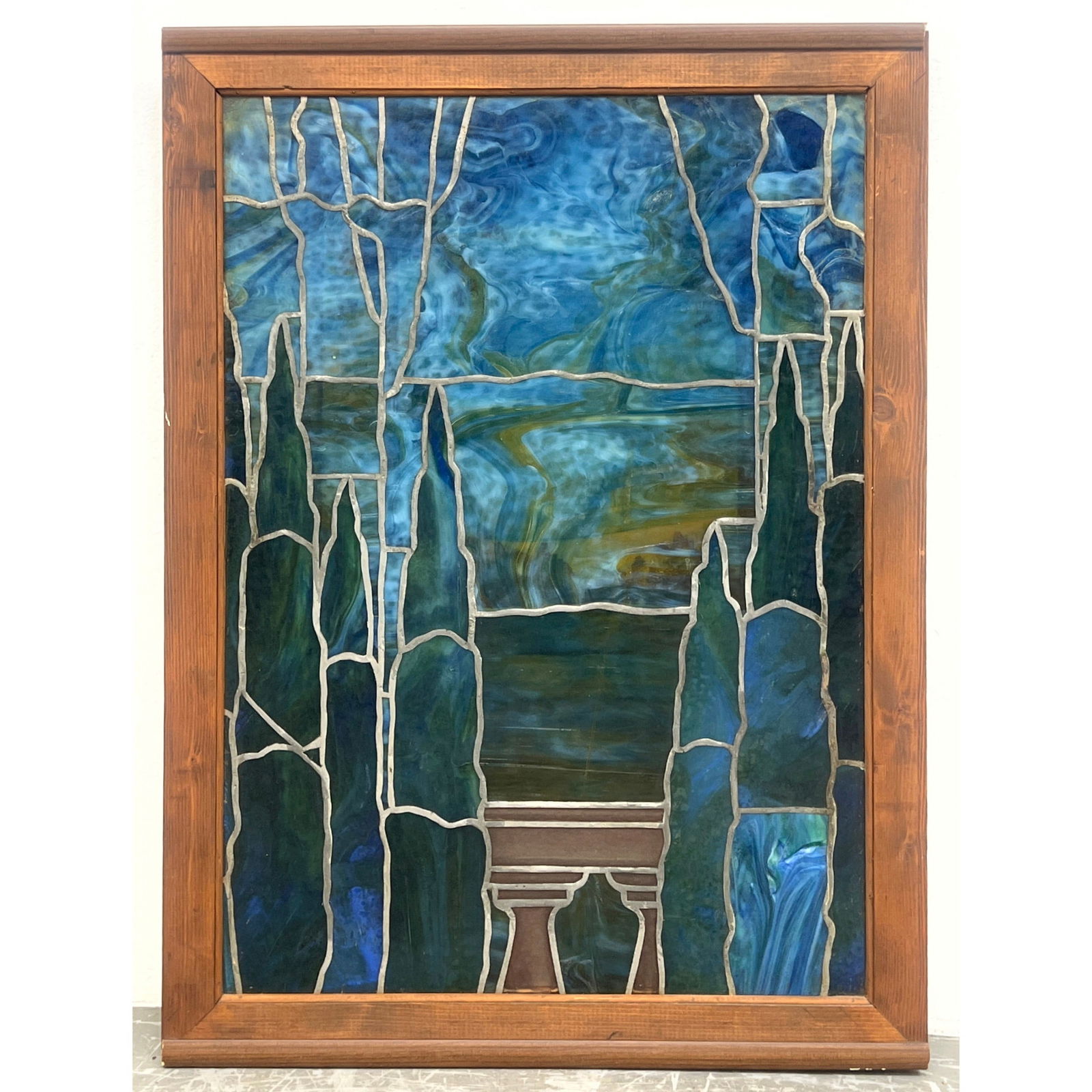 Good Vintage Stain Leaded Glass Window.  Trees and Urn. Nice colors. After Tiffany. (1 of 14)