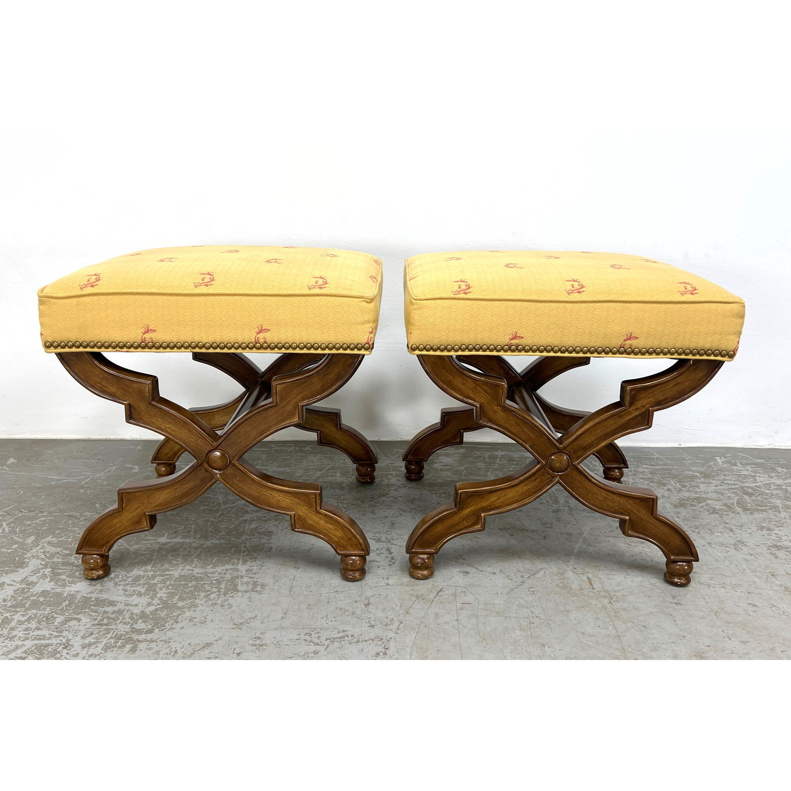 Pair Decorator Regency Style X Base Stools. Dorothy Draper style wood frame. (1 of 14)