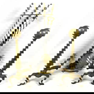 Traditional Form Brass and Iron Fireplace Tools and Andirons.: Traditional Form Brass and Iron Fireplace Tools and Andirons. Dimensions: Height: 27 inches, Width: 9 inches, Depth: 9 inches. - Additional Dimensions: Andirons H: 19.5 inches, W: 9 inches, D: 18.5 in