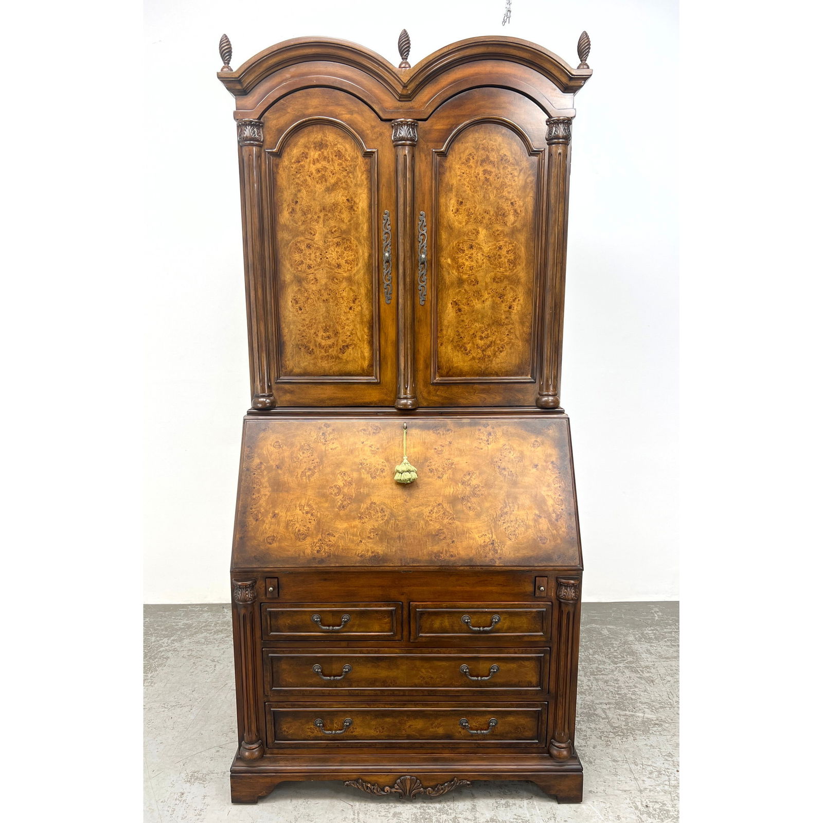 Large William And Mary Style Closed Door Bookcase Drop Front Desk. Burl front. (1 of 15)