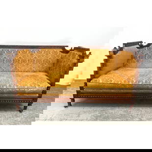 Carved Mahogany Frame Antique Sofa. Golden Damask Upholstery. Exterior arm sides upholstered in anim: Carved Mahogany Frame Antique Sofa. Golden Damask Upholstery. Exterior arm sides upholstered in animal hide. Dimensions: Height: 43 inches, Width: 80 inches, Depth: 40.5 inches. - Seat Height: 20 inch