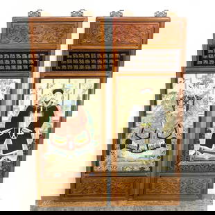 Pair Chinese Painting in Carved wood Wall Panels.: Pair Chinese Painting in Carved wood Wall Panels. Dimensions: Height: 64 inches, Width: 23.5 inches, Depth: 1 inches. --- - We offer curbside delivery for most items to NYC, Manhattan, Close Brooklyn,