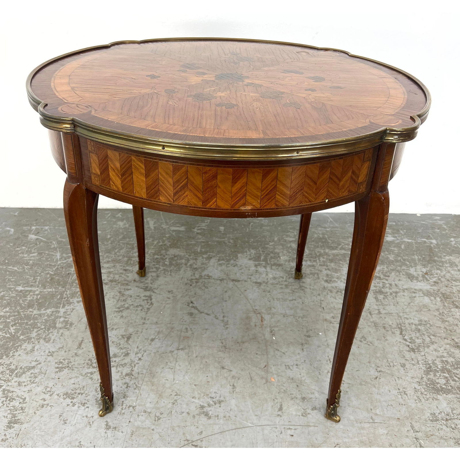 French Inlaid Center Table with Brass Accents and Trim. Floral inlay. (1 of 13)