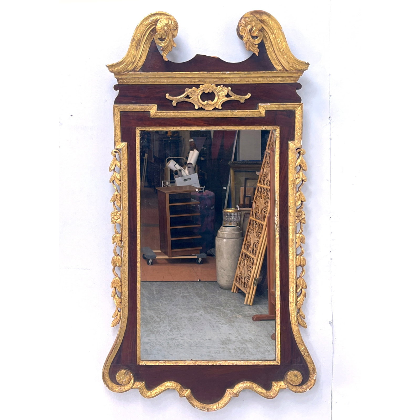 Carved and Gilt Italian Wall Mirror.: Carved and Gilt Italian Wall Mirror. Dimensions: Height: 51 inches, Width: 27.5 inches, Depth: 3 inches. --- - We offer curbside delivery for most items to NYC, Manhattan, Close Brooklyn, Hoboken abou