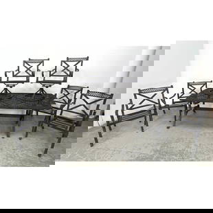 7pc Black Iron Outdoor Dining Table. 6 Arm Chairs; 4 with legs, 2 with  pedestal bases. Garden, Deck: 7pc Black Iron Outdoor Dining Table. 6 Arm Chairs; 4 with legs, 2 with pedestal bases. Garden, Deck, Patio. Dimensions: Height: 28.5 inches, Width: 72 inches, Depth: 42 inches. - Seat Height: 17 inche