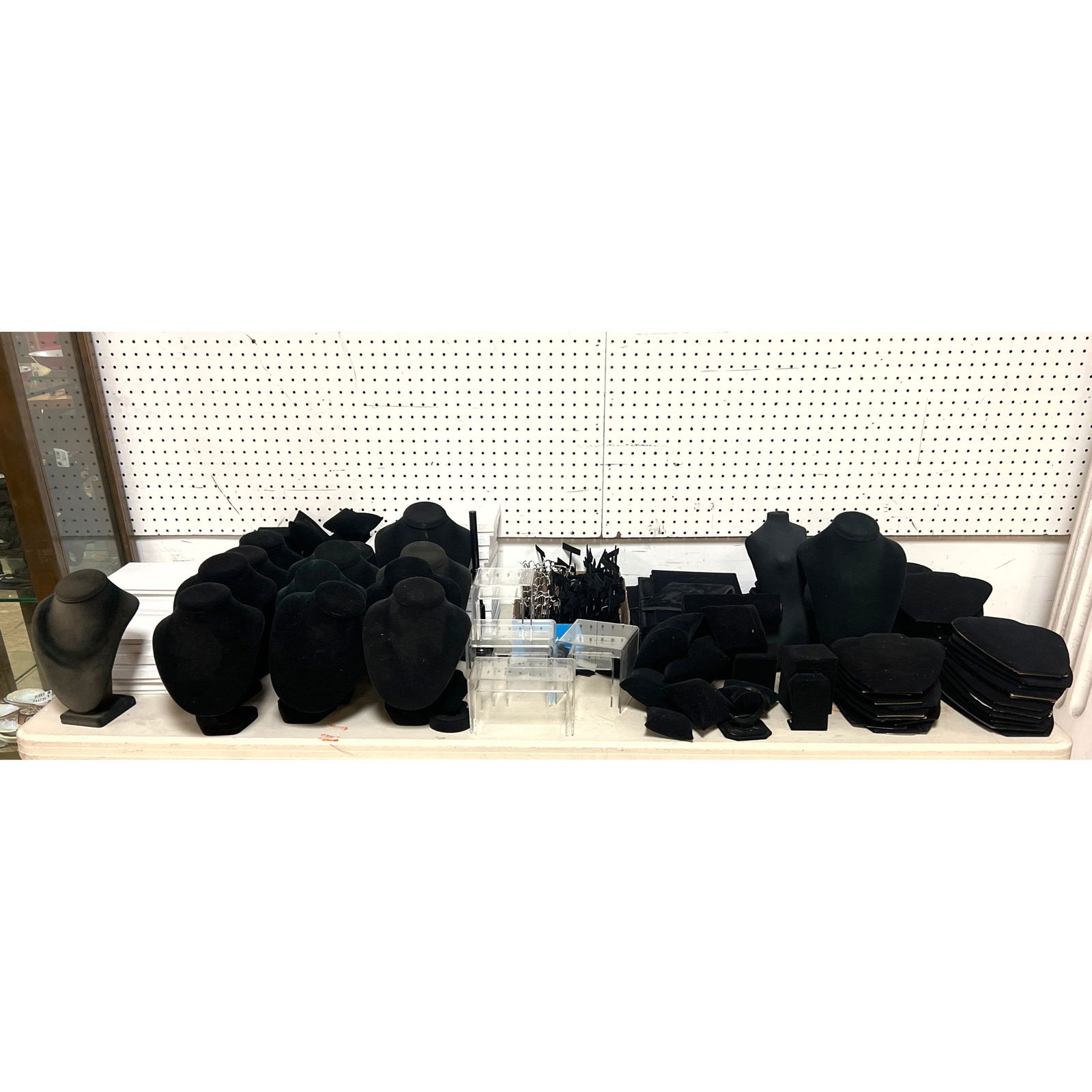 Large Lot of Jewelry Displays. Neck Holders, Stands, Boxes, Earring Holders, Etc.: Large Lot of Jewelry Displays. Neck Holders, Stands, Boxes, Earring Holders, Etc. Dimensions: Height: 12 inches, Width: 8 inches, Depth: 5.5 inches. --- - We offer curbside delivery for most items to