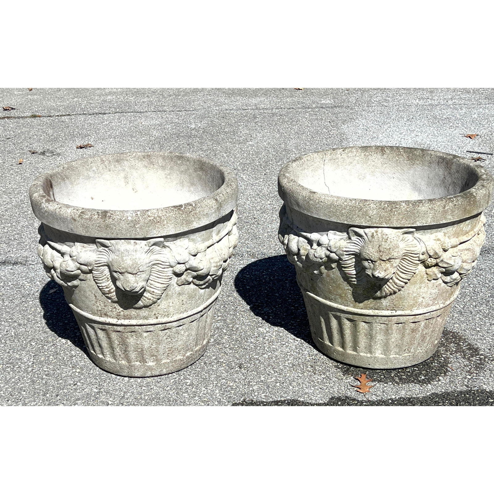 2pc Outdoor Concrete Cement Planters. Lions' Heads. (1 of 11)