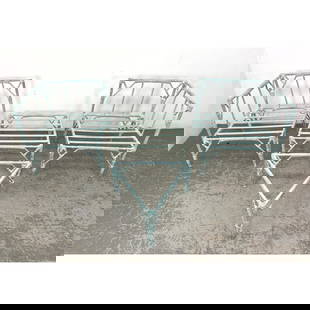 4pc Aluminum Faux Rattan Outdoor Furniture. Pr Corner form Lounge Chairs. Triangle Side Table. Squar: 4pc Aluminum Faux Rattan Outdoor Furniture. Pr Corner form Lounge Chairs. Triangle Side Table. Square End Table/ Ottoman. Cast aluminum with faux patina finish. Dimensions: Height: 28 inches, Width: 2