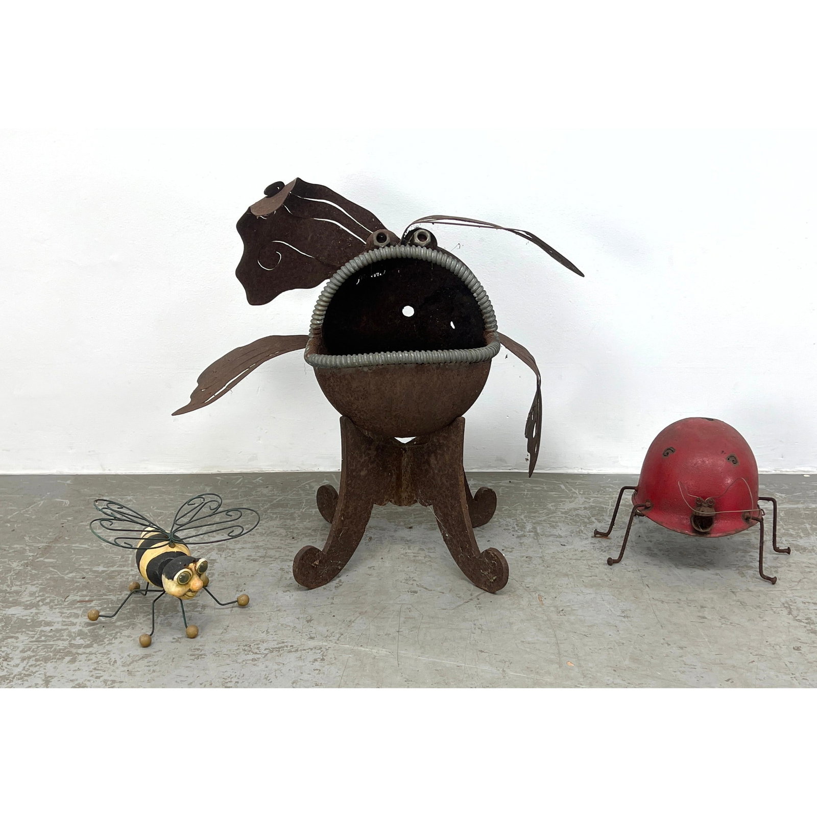 Lot 3 Metal Outdoor Figural Garden Sculptures. Flying Creature. Ladybug made from red construction h (1 of 18)
