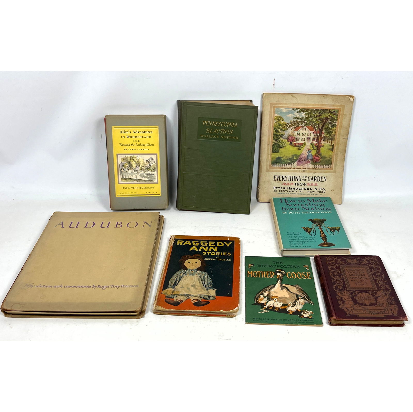 8pcs Vintage Books, Audubon, Pennsylvania Beautiful Wallace nutting, Everything Garden, Alice Advent: 8pcs Vintage Books, Audubon, Pennsylvania Beautiful Wallace nutting, Everything Garden, Alice Adventure Wonderland, Mother Goose, Raggedy Ann --- US Packing and Shipping charge: In house shipping avai