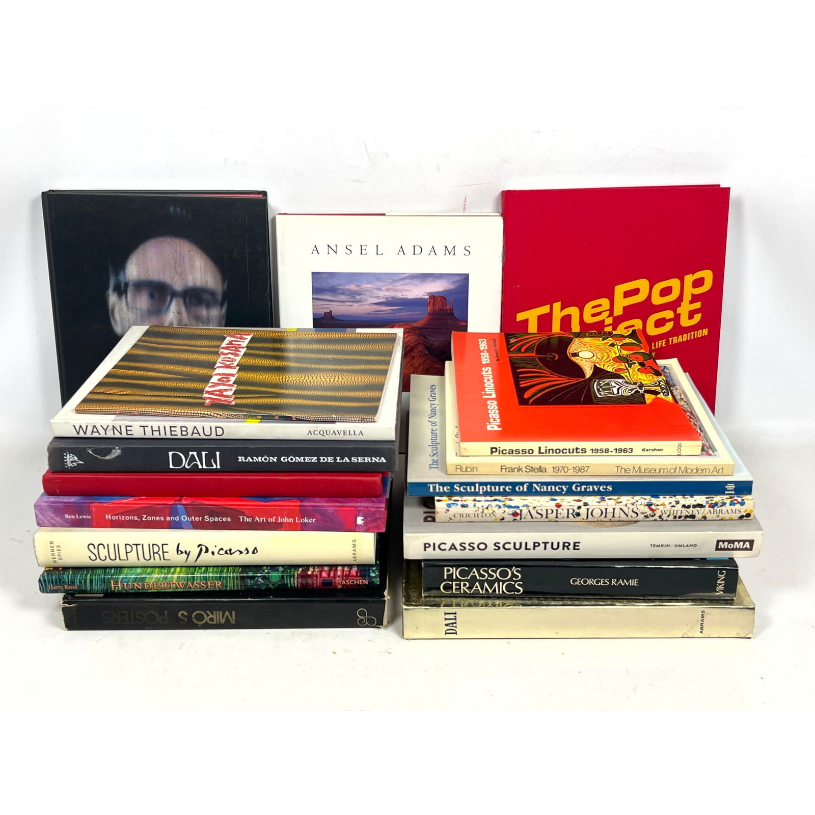 17pcs Art Books. Picasso, Pop Object, Ansel Adams, Frank Stella, John Kean, Nancy Graves, Jasper Joh: 17pcs Art Books. Picasso, Pop Object, Ansel Adams, Frank Stella, John Kean, Nancy Graves, Jasper Johns, Dali, Kusana, Miro, Hundertwaser, Dimensions: Height: 13 inches, Width: 10 inches, Depth: 1 inch