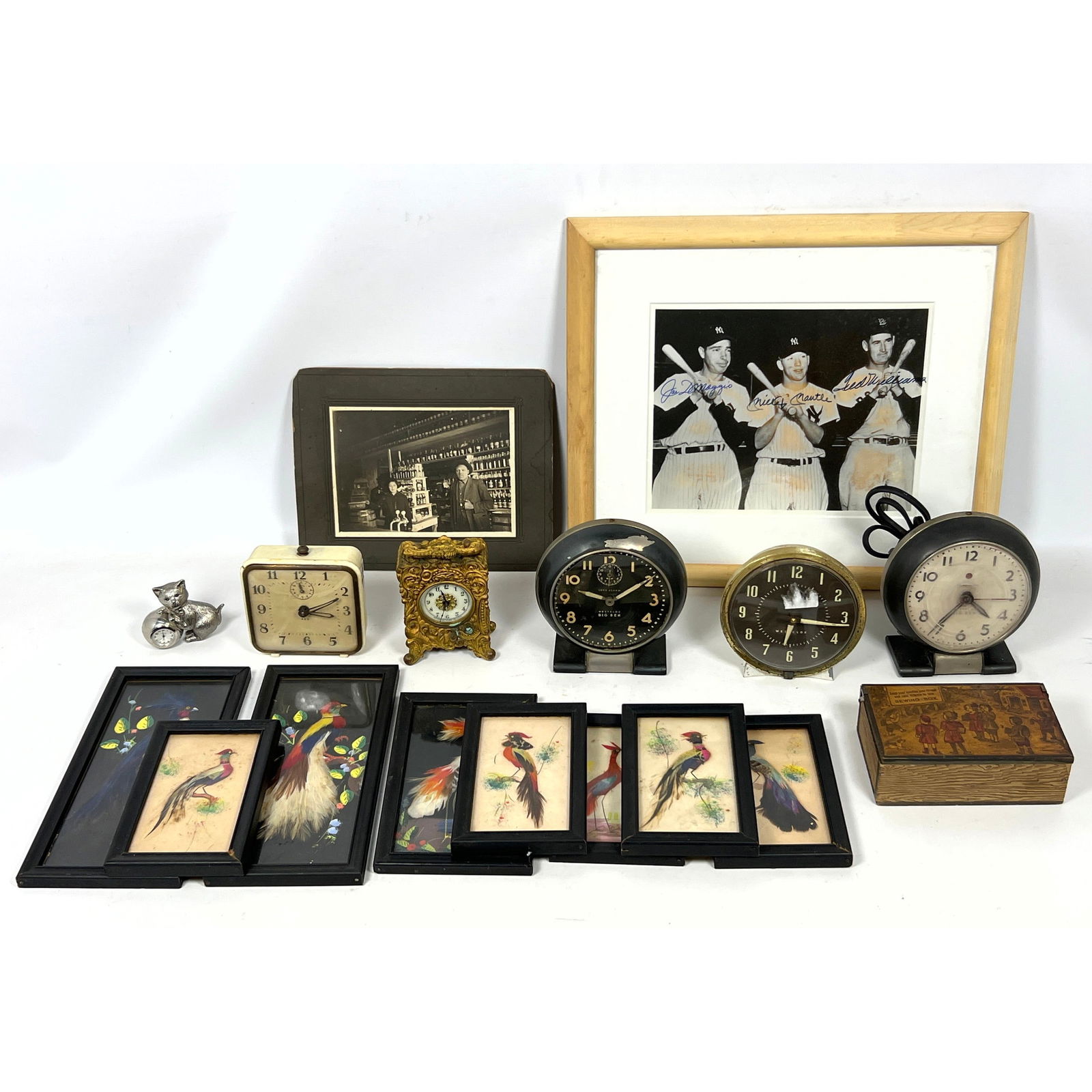 Mixed Lot. Small desk clocks, Baseball Photo, Feather bird pictures. (1 of 20)