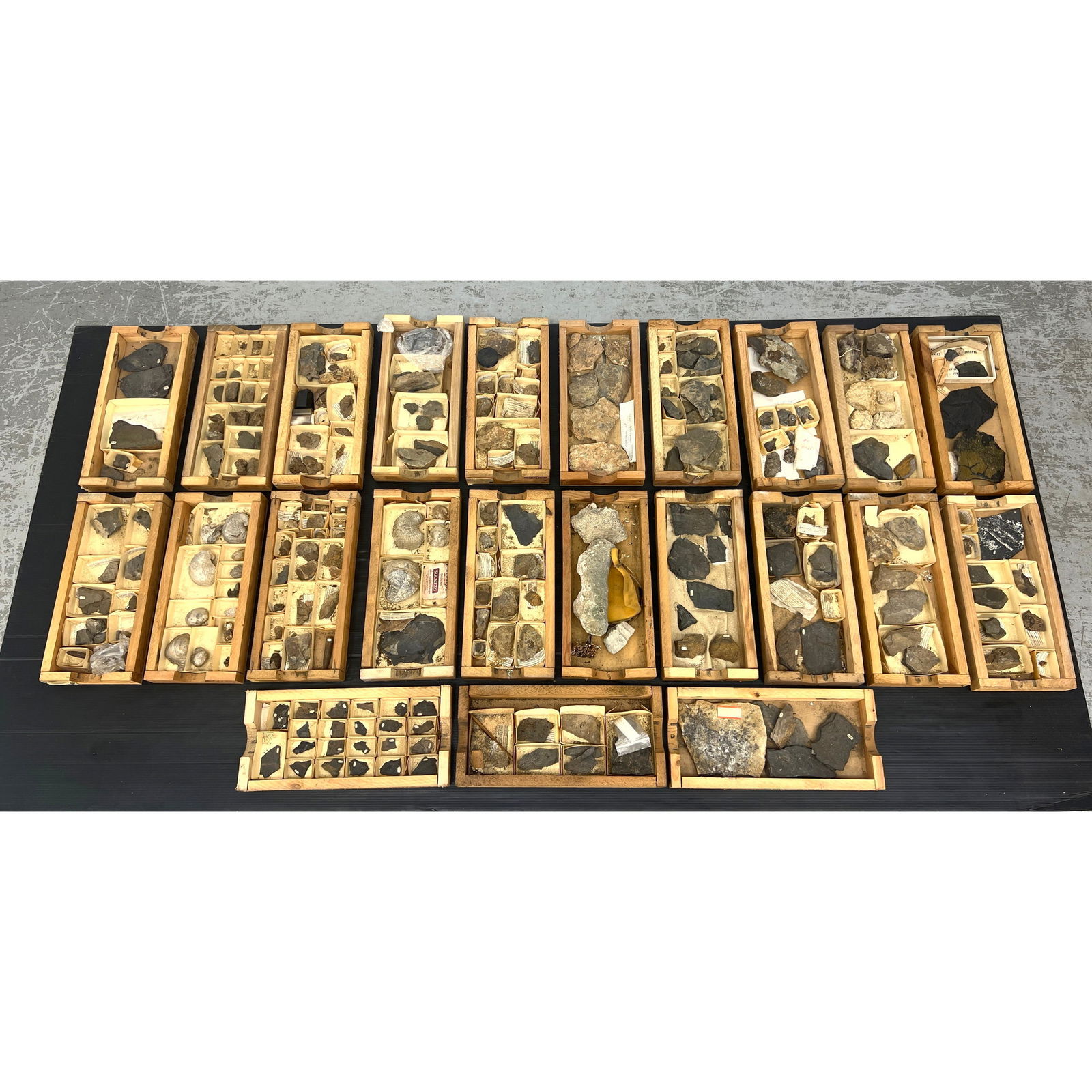 23 cases Collector's Cabinet Curiosities Rocks Stones. Some have ID Labels. Fossils: 23 cases Collector's Cabinet Curiosities Rocks Stones. Some have ID Labels. Fossils Dimensions: Height: 2 inches, Width: 17.5 inches, Depth: 8.25 inches. --- - We offer curbside delivery for most item