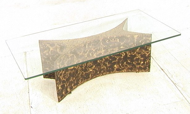 SILAS SEANDEL Coffee Cocktail Table. 1/2" thick g: SILAS SEANDEL Coffee Cocktail Table. 1/2" thick glass on corseted metal base. Unmarked. -- Dimensions: H: 16 inches: W: 53.75 inches: D: 25.75 inches ---