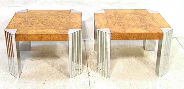 Pr LEON ROSEN for PACE Side Tables. Olive Wood Bu: Pr LEON ROSEN for PACE Side Tables. Olive Wood Burl Tops with Stepped Chrome Legs. Unmarked.-- Dimensions: H: 19 inches: W: 30 inches ---