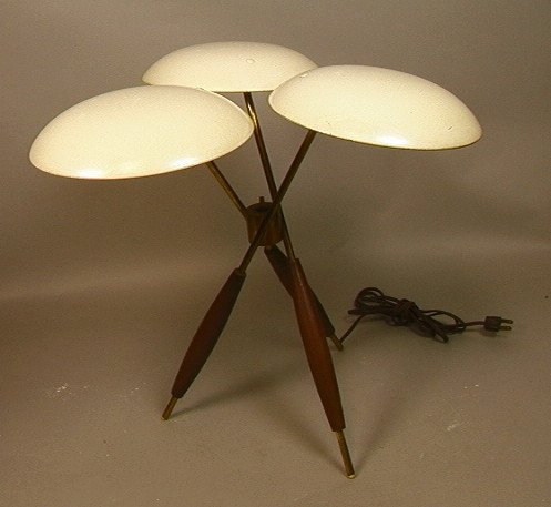 GERALD THURSTON Walnut Brass Table Desk Lamp. Thr: GERALD THURSTON Walnut Brass Table Desk Lamp. Three Saucer Shades with Cream Enamel Finish. -- Dimensions: H: 45 inches: W: 22 inches --- US Shipping charge: $28