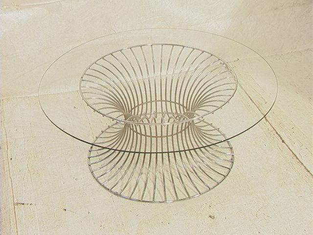 70's Modern Chrome Glass Cocktail Coffee Table. W: 70's Modern Chrome Glass Cocktail Coffee Table. Warren Platner style. Thin chromed steel rod base. -- Dimensions: H: 14.25 inches: W: 36 inches: D: 36 inches ---