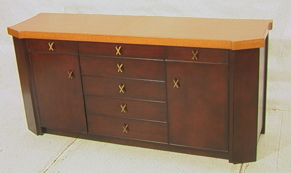 PAUL FRANKL Cork Top Sideboard Credenza. Brass 'X: PAUL FRANKL Cork Top Sideboard Credenza. Brass 'X' Hardware. Johnson Furniture mark.-- Dimensions: H: 32 inches: D: 22.5 inches: L: 73 inches ---