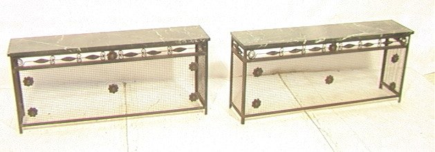Pr French Iron Green Marble Console Hall Tables.: Pr French Iron Green Marble Console Hall Tables. Nice Decorative And Hammered Scroll Work on woven iron screen. 1" thick green figured marble tops. -- Dimensions: H: 21.5 inches: D: 11.5 inches: L: 50